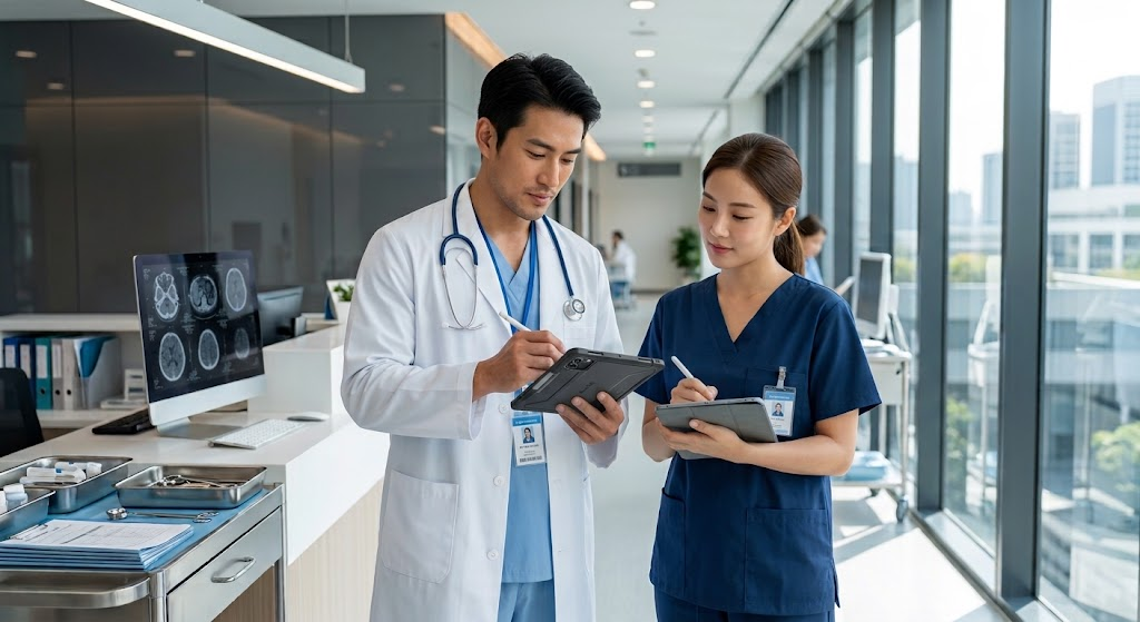 แพทย์และพยาบาลใช้แท็บเล็ตตรวจสอบข้อมูลผู้ป่วยในโรงพยาบาล