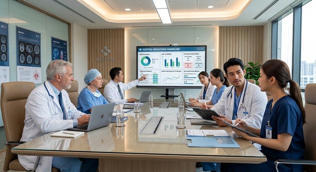 ทีมแพทย์และพยาบาลประชุมดู Dashboard การดำเนินงานของโรงพยาบาล
